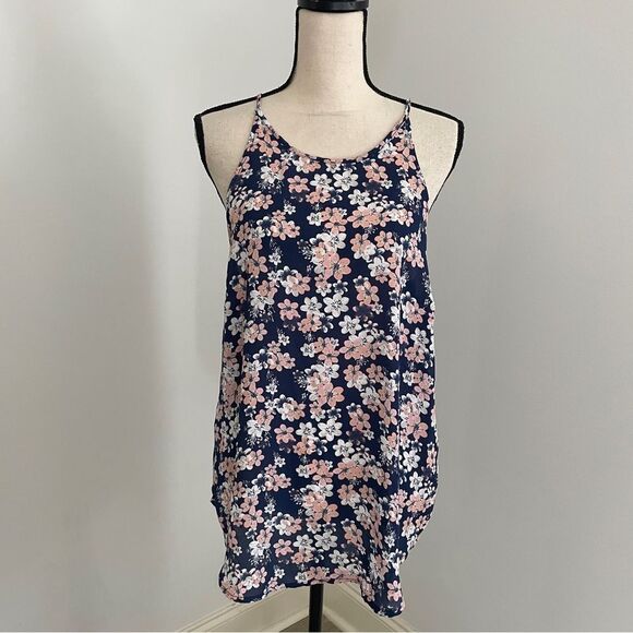 Cotton On Floral Sleeveless Ruched Racerback Blouse Large Navy Pink Cottagecore - Picture 1 of 11